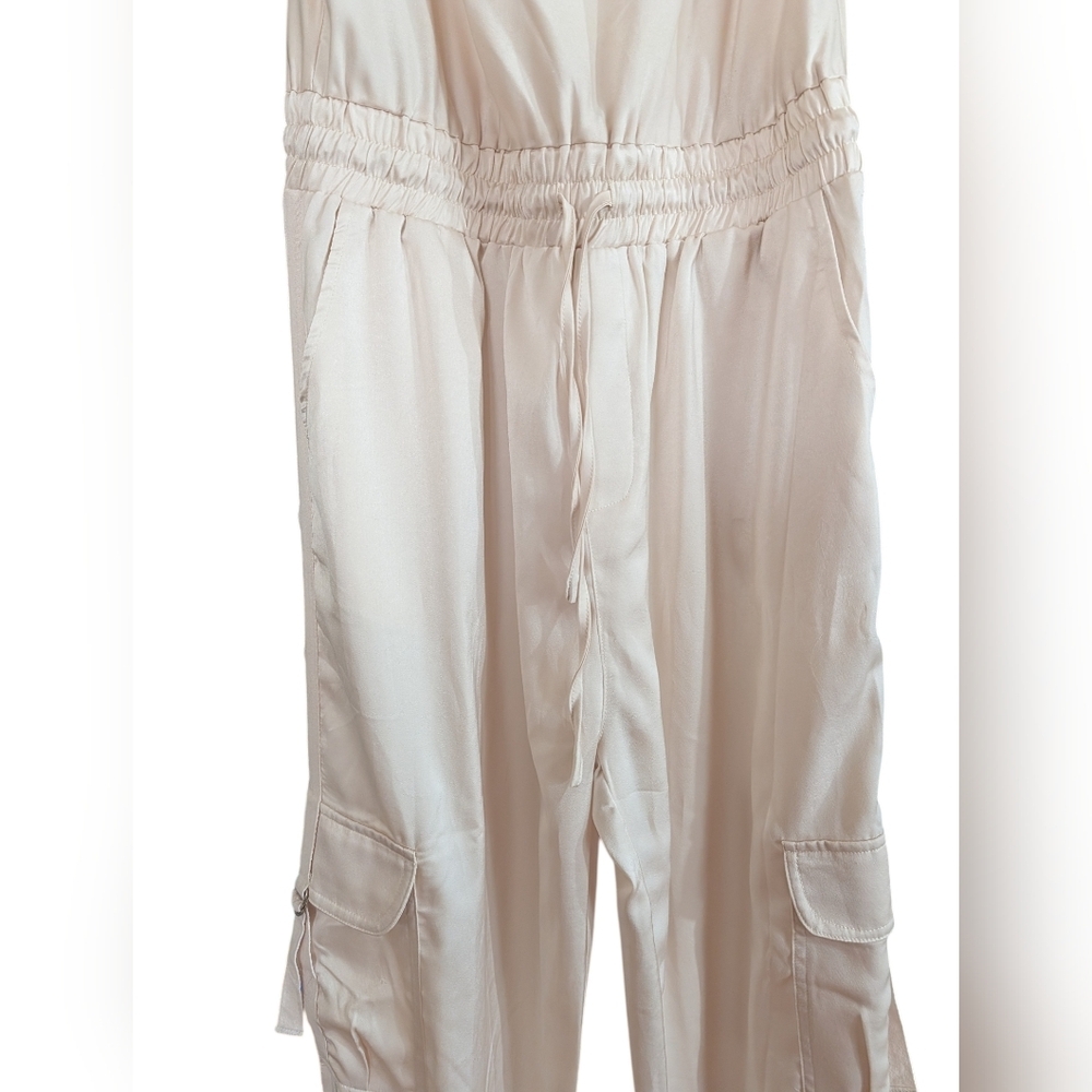Promesa Champagne Satin Cargo Jumpsuit XL | Cowl Neck Elastic Waist Pockets - Picture 6 of 13